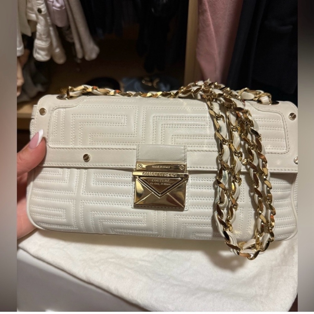Authentic  Versace White Quilted patent leather Shoulder Bag with Gold Chain